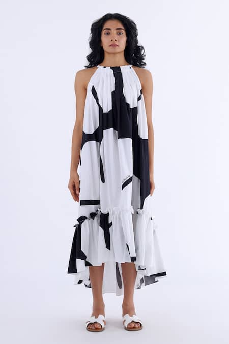 Studio Moda India Black Cotton Hibiscus Halter Neck Print Dress 