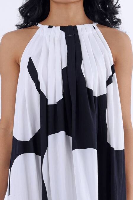 Studio Moda India_Black Cotton Hibiscus Halter Neck Print Dress_Online_at_Aza_Fashions