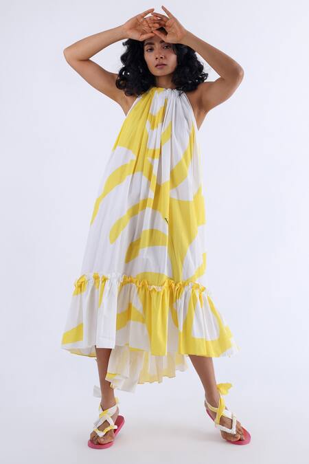 Buy_Studio Moda India_White Cotton Monstera Halter Neck Print Dress_Online_at_Aza_Fashions