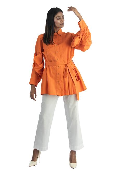 Studio Moda India_Orange Cotton Spread Collar Pleated Shirt _Online_at_Aza_Fashions