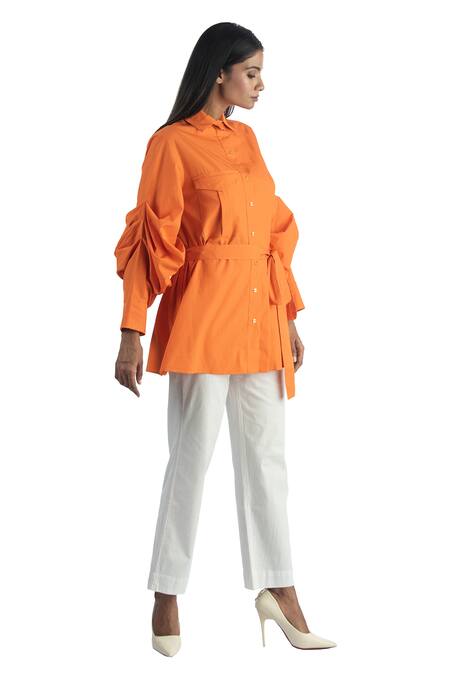 Shop_Studio Moda India_Orange Cotton Spread Collar Pleated Shirt _Online_at_Aza_Fashions