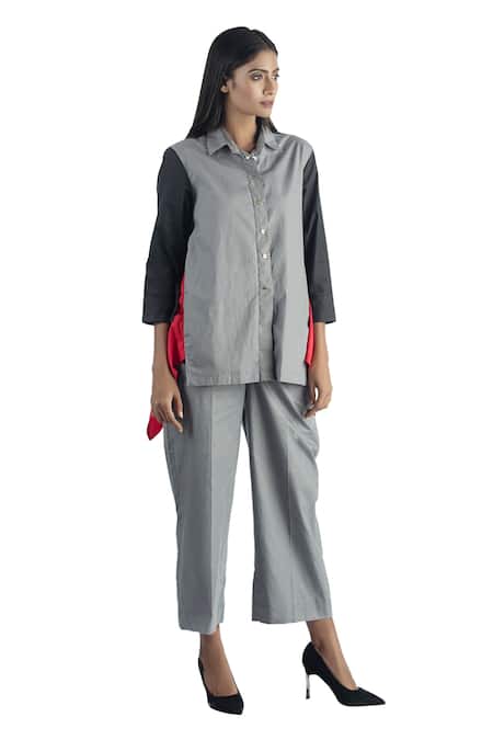 Buy_Studio Moda India_Multi Color Cotton Spread Collar Draped Colorblock Shirt_Online_at_Aza_Fashions