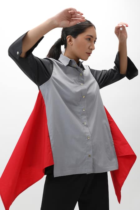 Shop_Studio Moda India_Multi Color Cotton Spread Collar Draped Colorblock Shirt_Online_at_Aza_Fashions