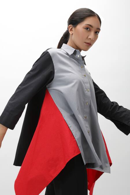 Studio Moda India_Multi Color Cotton Spread Collar Draped Colorblock Shirt_at_Aza_Fashions