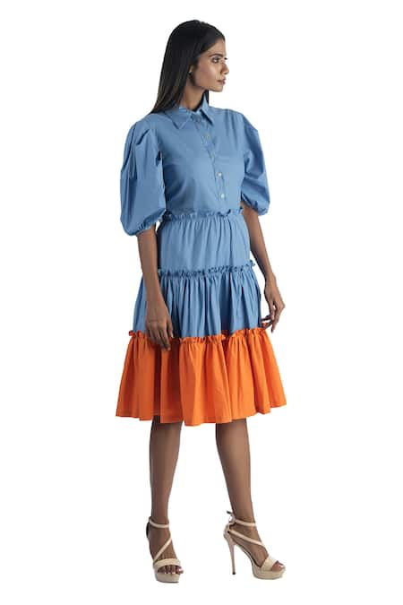 Studio Moda India_Blue Cotton Spread Collar Colorblock Tiered Dress _Online_at_Aza_Fashions