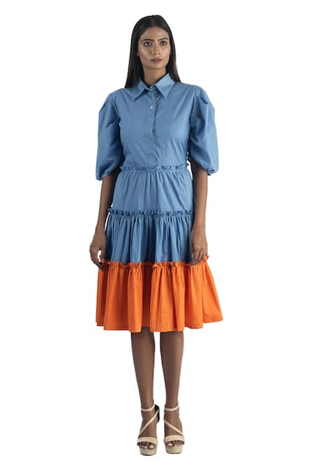 Buy_Studio Moda India_Blue Cotton Spread Collar Colorblock Tiered Dress _Online_at_Aza_Fashions