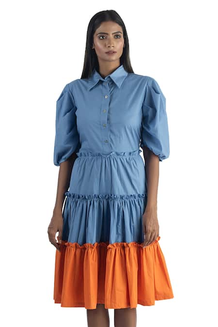 Shop_Studio Moda India_Blue Cotton Spread Collar Colorblock Tiered Dress _Online_at_Aza_Fashions
