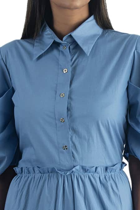 Studio Moda India_Blue Cotton Spread Collar Colorblock Tiered Dress _at_Aza_Fashions