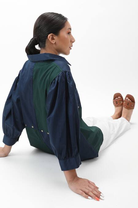 Studio Moda India Green Cotton Spread Collar Colorblock Checkered Shirt Online at Aza Fashions Studio Moda India_Green Cotton Spread Collar Colorblock Checkered Shirt _Online_at_Aza_Fashions