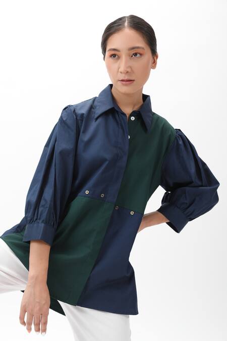 Buy Studio Moda India Green Cotton Spread Collar Colorblock Checkered Shirt Online at Aza Fashions Buy_Studio Moda India_Green Cotton Spread Collar Colorblock Checkered Shirt _Online_at_Aza_Fashions