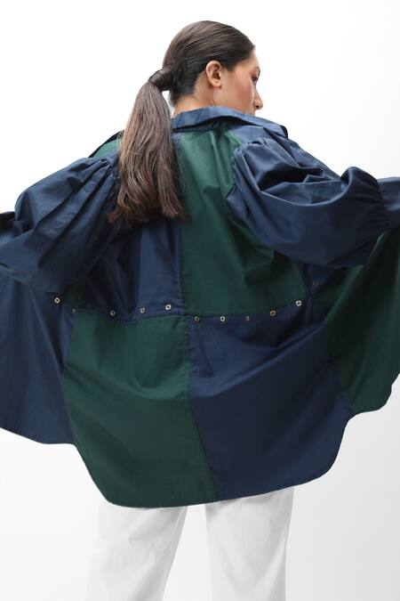 Shop Studio Moda India Green Cotton Spread Collar Colorblock Checkered Shirt Online at Aza Fashions Shop_Studio Moda India_Green Cotton Spread Collar Colorblock Checkered Shirt _Online_at_Aza_Fashions