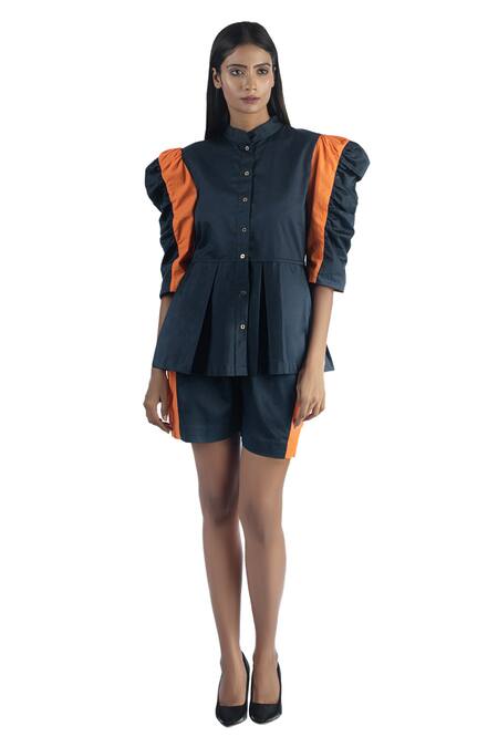 Buy_Studio Moda India_Blue Cotton Mandarin Collar Pleated Peplum Shirt _Online_at_Aza_Fashions