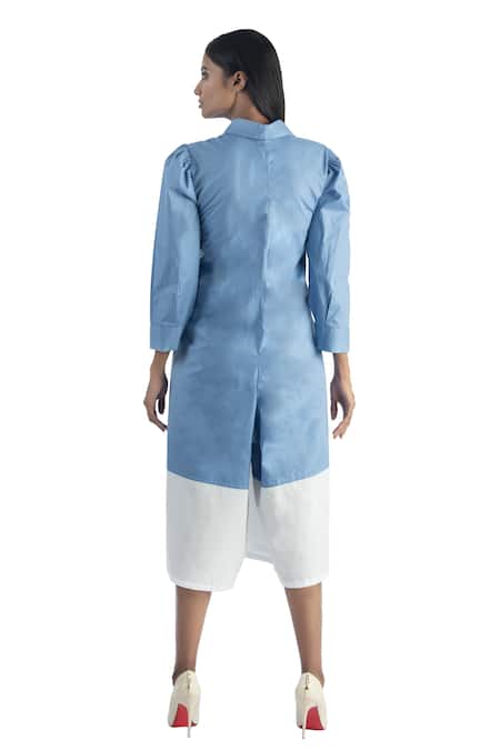 Shop Studio Moda India Blue Cotton Spread Collar Colorblock Jumpsuit at Aza Fashions Shop_Studio Moda India_Blue Cotton Spread Collar Colorblock Jumpsuit _at_Aza_Fashions