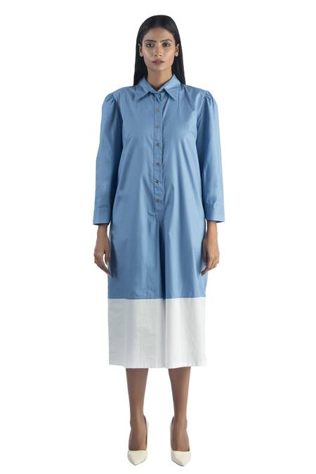 Buy Studio Moda India Blue Cotton Spread Collar Colorblock Jumpsuit Online at Aza Fashions Buy_Studio Moda India_Blue Cotton Spread Collar Colorblock Jumpsuit _Online_at_Aza_Fashions