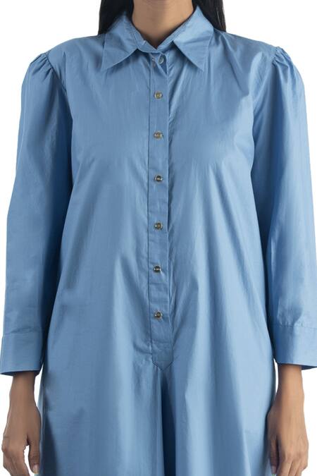 Shop Studio Moda India Blue Cotton Spread Collar Colorblock Jumpsuit Online at Aza Fashions Shop_Studio Moda India_Blue Cotton Spread Collar Colorblock Jumpsuit _Online_at_Aza_Fashions