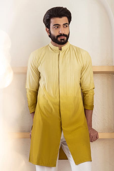 Buy_Shreyansh Designs_Yellow Cotton Silk Blend Ombre Short Kurta _Online_at_Aza_Fashions