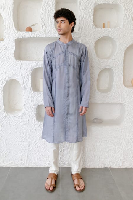 Shreyansh Designs_Blue Cotton Silk Blend Solid Panelled Full Sleeve Kurta _Online_at_Aza_Fashions