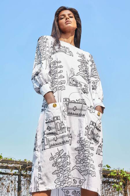 Studio Moda India White Cotton Dwitiya Printed Dress
