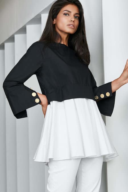 Studio Moda India Black Cotton Round Kasia Colorblock Flared Top