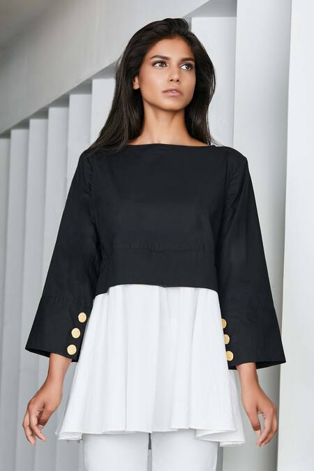 Buy Studio Moda India Black Cotton Round Kasia Colorblock Flared Top Online at Aza Fashions Buy_Studio Moda India_Black Cotton Round Kasia Colorblock Flared Top _Online_at_Aza_Fashions