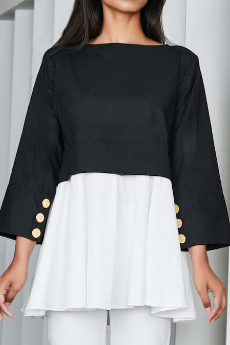 Shop Studio Moda India Black Cotton Round Kasia Colorblock Flared Top Online at Aza Fashions Shop_Studio Moda India_Black Cotton Round Kasia Colorblock Flared Top _Online_at_Aza_Fashions