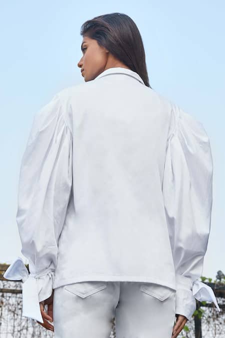 Shop Studio Moda India White Cotton Notch Collar Nawab Double Breasted Shirt at Aza Fashions Shop_Studio Moda India_White Cotton Notch Collar Nawab Double Breasted Shirt _at_Aza_Fashions