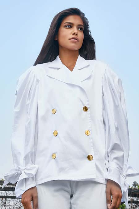 Studio Moda India White Cotton Notch Collar Nawab Double Breasted Shirt