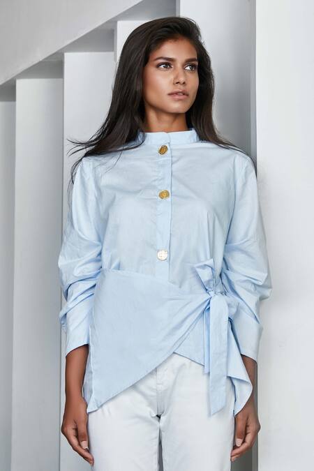 Studio Moda India Blue Cotton Stand Collar Nara Tie Up Shirt Online at Aza Fashions Studio Moda India_Blue Cotton Stand Collar Nara Tie Up Shirt _Online_at_Aza_Fashions
