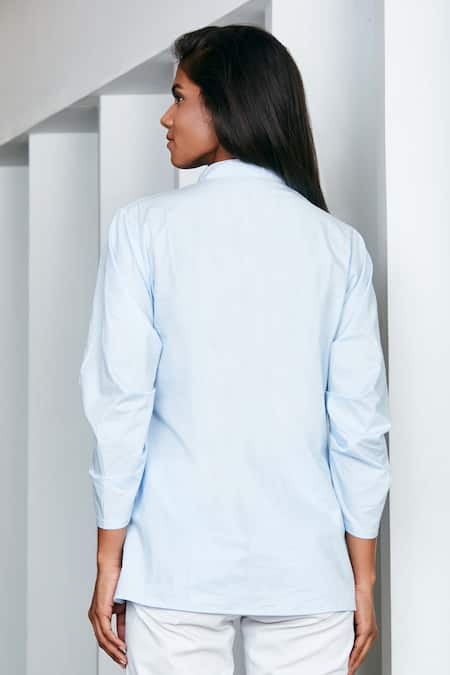 Shop Studio Moda India Blue Cotton Stand Collar Nara Tie Up Shirt at Aza Fashions Shop_Studio Moda India_Blue Cotton Stand Collar Nara Tie Up Shirt _at_Aza_Fashions