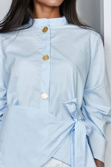 Shop Studio Moda India Blue Cotton Stand Collar Nara Tie Up Shirt Online at Aza Fashions Shop_Studio Moda India_Blue Cotton Stand Collar Nara Tie Up Shirt _Online_at_Aza_Fashions