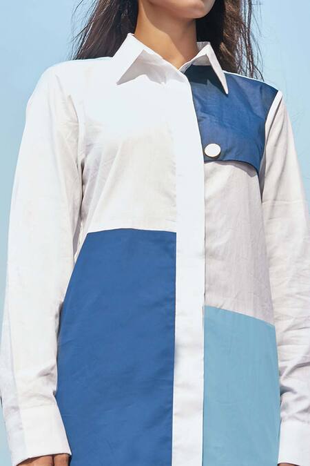 Buy Studio Moda India White Cotton Spread Collar Colorblock Asymmetric Shirt Online at Aza Fashions Buy_Studio Moda India_White Cotton Spread Collar Colorblock Asymmetric Shirt _Online_at_Aza_Fashions