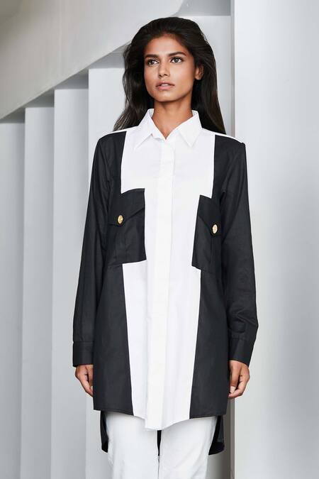 Studio Moda India_White Cotton Spread Collar Colorblock Panel Shirt _Online_at_Aza_Fashions