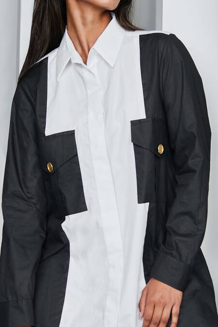 Shop_Studio Moda India_White Cotton Spread Collar Colorblock Panel Shirt _Online_at_Aza_Fashions