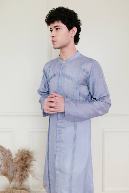 Buy_Shreyansh Designs_Blue Cotton Silk Blend Solid Panelled Full Sleeve Kurta _Online_at_Aza_Fashions
