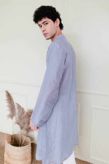 Shop_Shreyansh Designs_Blue Cotton Silk Blend Solid Panelled Full Sleeve Kurta _Online_at_Aza_Fashions