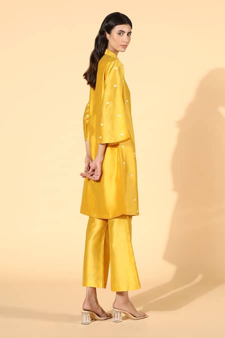 Shop Meadow Yellow Tunic And Pants Silk Chanderi Lining Cotton Spread Collar & Set at Aza Fashions Shop_Meadow_Yellow Tunic And Pants Silk Chanderi Lining Cotton Spread Collar & Set _at_Aza_Fashions
