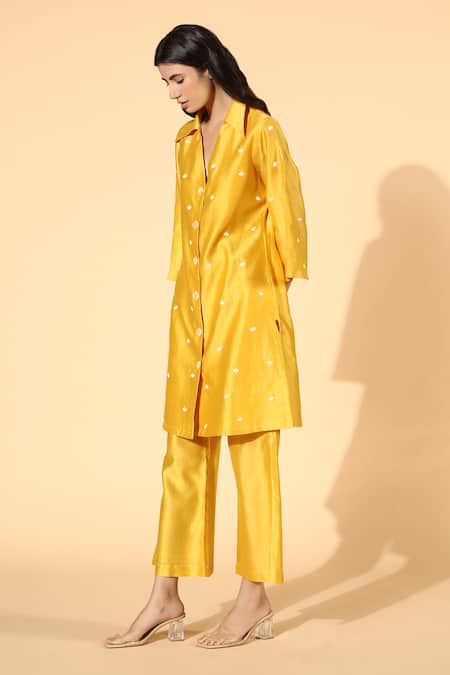 Buy Meadow Yellow Tunic And Pants Silk Chanderi Lining Cotton Spread Collar & Set Online at Aza Fashions Buy_Meadow_Yellow Tunic And Pants Silk Chanderi Lining Cotton Spread Collar & Set _Online_at_Aza_Fashions