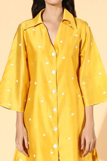 Meadow Yellow Tunic And Pants Silk Chanderi Lining Cotton Spread Collar & Set at Aza Fashions Meadow_Yellow Tunic And Pants Silk Chanderi Lining Cotton Spread Collar & Set _at_Aza_Fashions