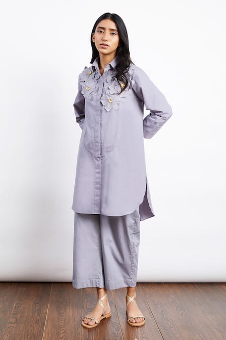 Shop Studio Moda India Grey Cotton Thread Work, 3d Applique Collared Neck Floral Shirt Tunic at Aza Fashions Shop_Studio Moda India_Grey Cotton Thread Work, 3d Applique Collared Neck Floral Shirt Tunic_at_Aza_Fashions