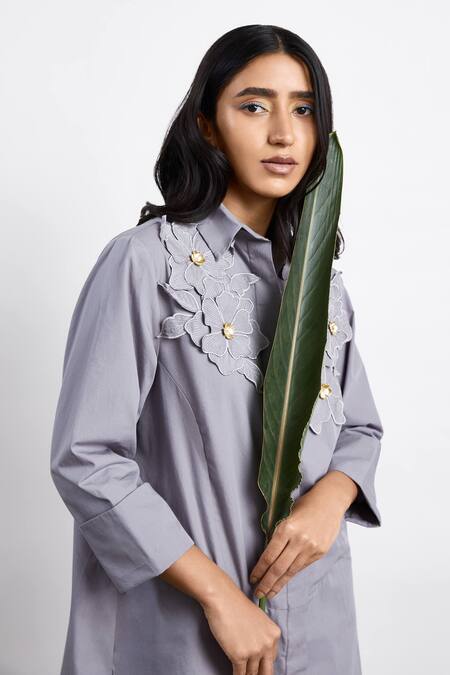 Studio Moda India Grey Cotton Thread Work, 3d Applique Collared Neck Floral Shirt Tunic Online at Aza Fashions Studio Moda India_Grey Cotton Thread Work, 3d Applique Collared Neck Floral Shirt Tunic_Online_at_Aza_Fashions