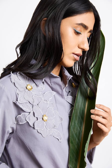 Buy Studio Moda India Grey Cotton Thread Work, 3d Applique Collared Neck Floral Shirt Tunic Online at Aza Fashions Buy_Studio Moda India_Grey Cotton Thread Work, 3d Applique Collared Neck Floral Shirt Tunic_Online_at_Aza_Fashions