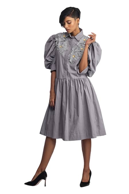 Buy Grey Cotton Embroidered Thread Work Exaggerated Puff Sleeve Dress ...