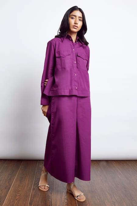 Studio Moda India Purple Cotton Embroidered 3d Applique Collared Neck Back Shirt And Pant Set 