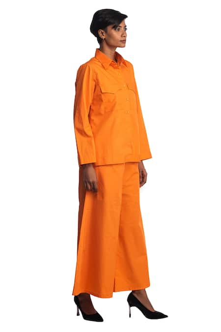 Studio Moda India_Orange Cotton 3d Applique Collared Neck Embroidered Back Shirt And Pant Set _Online_at_Aza_Fashions