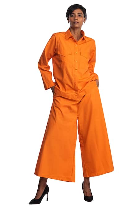 Buy_Studio Moda India_Orange Cotton 3d Applique Collared Neck Embroidered Back Shirt And Pant Set _Online_at_Aza_Fashions