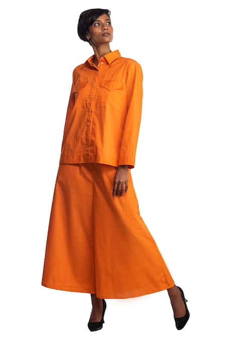 Shop_Studio Moda India_Orange Cotton 3d Applique Collared Neck Embroidered Back Shirt And Pant Set _Online_at_Aza_Fashions