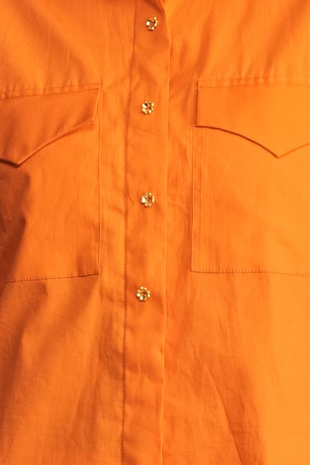 Studio Moda India_Orange Cotton 3d Applique Collared Neck Embroidered Back Shirt And Pant Set _at_Aza_Fashions