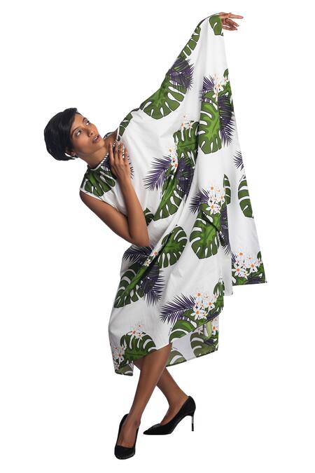 Buy_Studio Moda India_White Cotton Leaf , Bird Asymmetric Off Shoulder Kaftan Dress_Online_at_Aza_Fashions