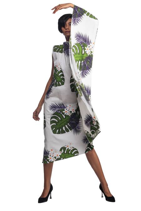 Shop_Studio Moda India_White Cotton Leaf , Bird Asymmetric Off Shoulder Kaftan Dress_Online_at_Aza_Fashions