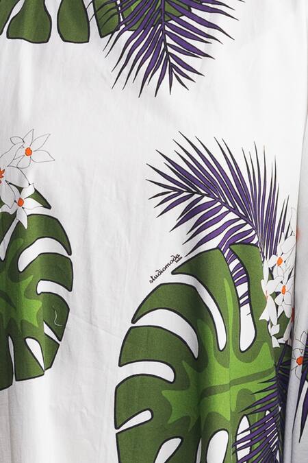 Studio Moda India_White Cotton Leaf , Bird Asymmetric Off Shoulder Kaftan Dress_at_Aza_Fashions